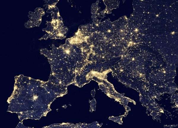 A nighttime view of Europe using the Visible Infrared Imaging Radiometer Suite in seen in a NASA handout